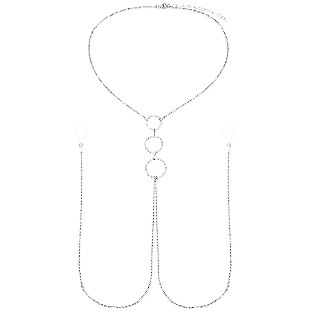 A Silvery Stainless Steel Body Chain With A Sexy Nipple Ring And Chain, A Fake Nipple Ring, Ladies' Jewelry.