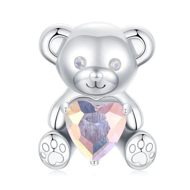 WOSTU S925 Sterling Silver Coffee Cup Bead Lion Bear Charm With Heart Zircon