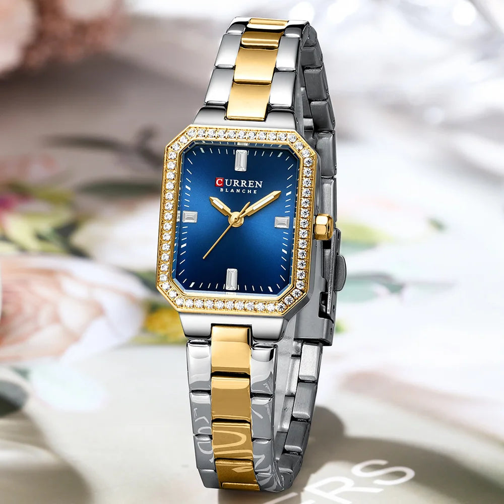 CURREN Luxurious Elegant Women's Watches Classic Rectangular Dial with Rhinestones Luminous Hands Waterproof