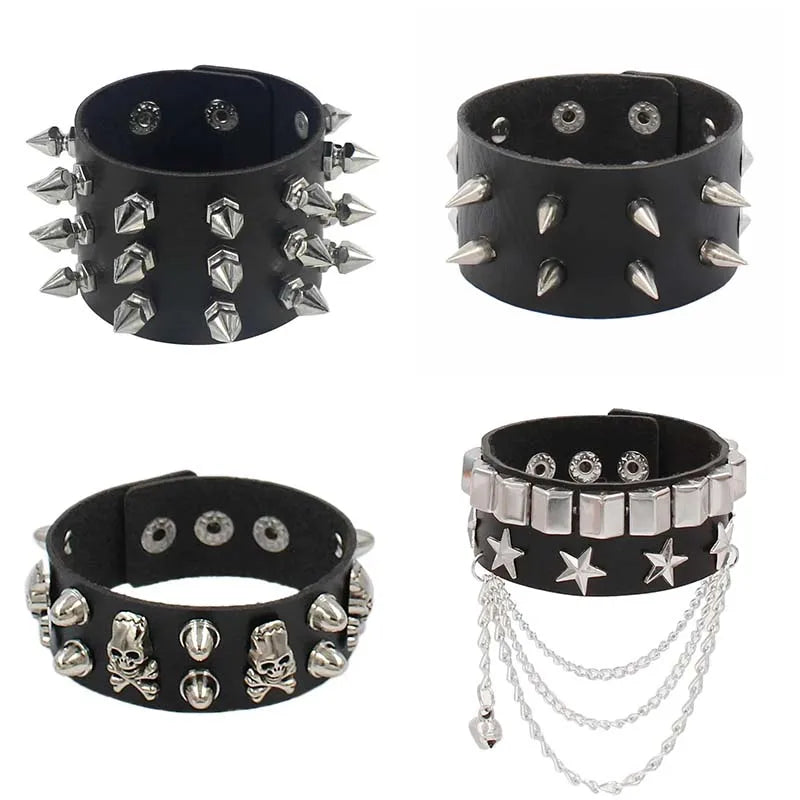 Vintage Leather Bracelets Punk Row Cuspidal Spikes Rivet Stud Wide Cuff PU Leather Punk Gothic Rock Unisex goth accessories