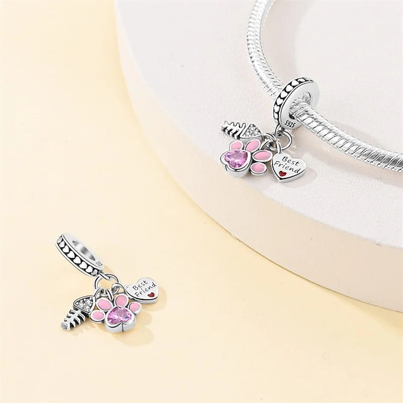 100% 925 Sterling Silver Cute Cat's Paw Dog Animal Pets Charms Beads Fit 3mm 925 Original Bracelet Fine DIY Birthday Jewelry