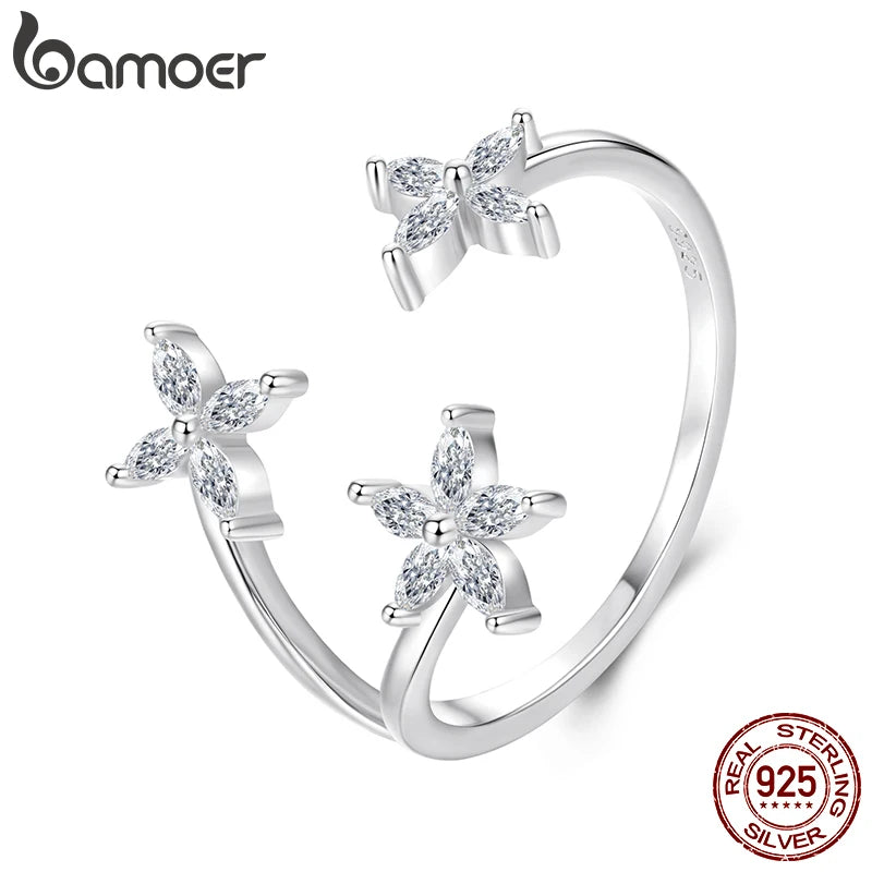 Bamoer 925 Sterling Silver Autumn Leaves Open Ring Pave Setting CZ Maple Leaf Adjustable Ring for Women Teens Anniversary Gift