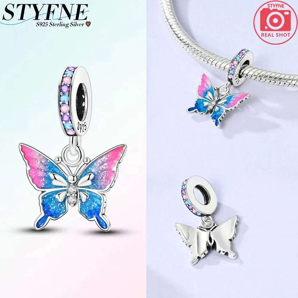 925 Sterling Silver Blue Series Butterfly Beads Pendant Fit Bangle Charms Bracelet DIY Women Original Jewelry