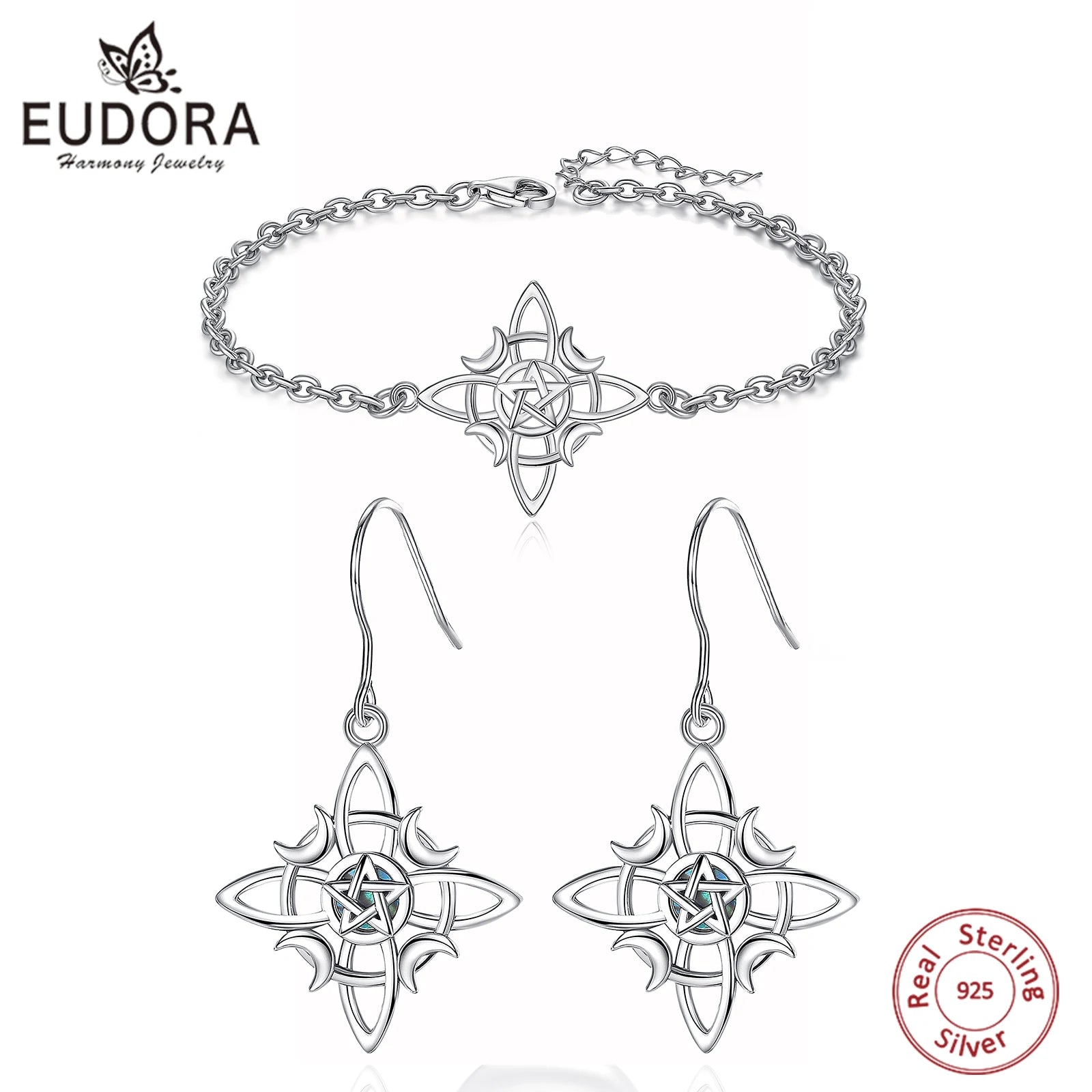 Eudora 925 Sterling Silber Hexenknoten Schmuckset Mond Wicca Amulett Halskette Armband Ohrringe &amp; Ring Feines Geschenk für Frauen
