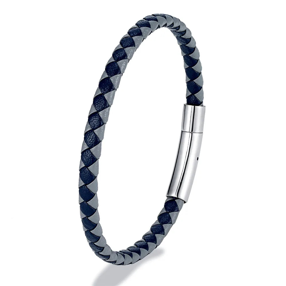 MKENDN Bracelet en cuir tressé noir bleu de style simple Bracelet en acier inoxydable avec boucle magnétique Bijoux pour hommes femmes Couple Cadeau
