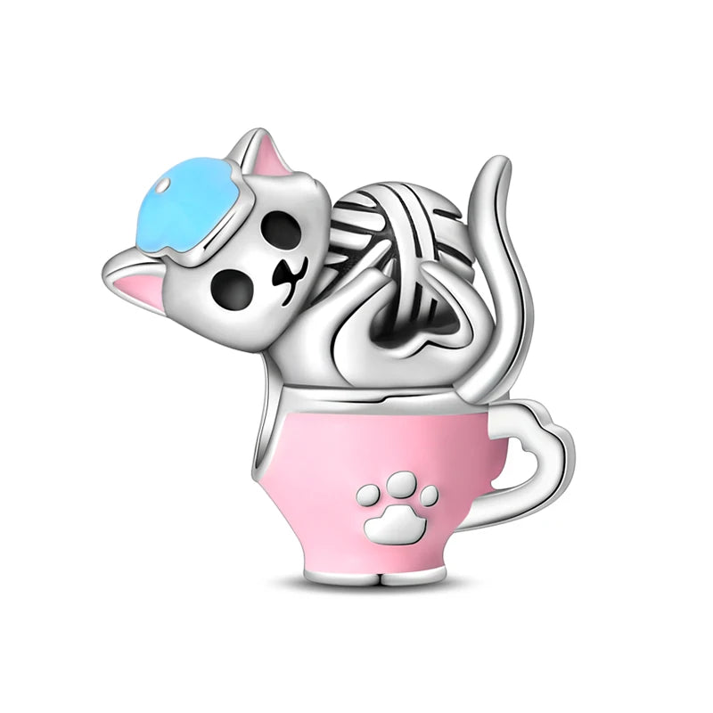 New 925 Silver Pink Rabbit Bear Cat Dog Animal Charms Beads Fit 3mm 925 Original Bracelets Fine DIY Birthday Jewelry