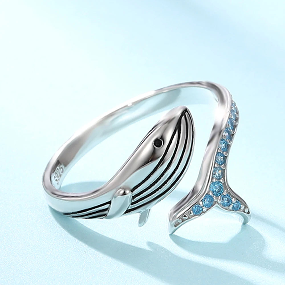 925 Sterling Silver Whale Adjustable Finger Cute Sea Animals Fish Open Ring Birthday Christmas Jewelry Gift for Women Teen Girls