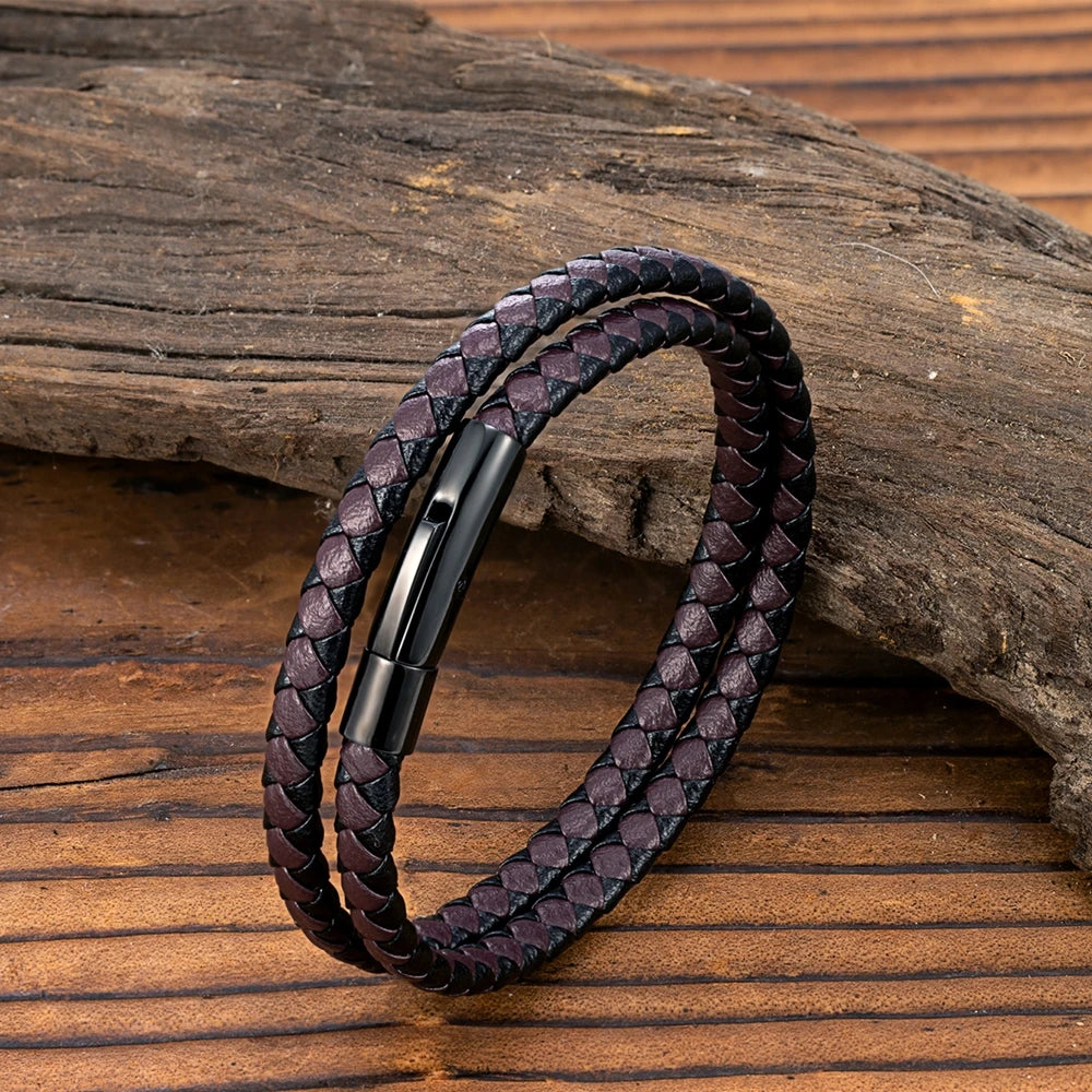 MKENDN Klassisches, schlichtes, blau-schwarzes geflochtenes Lederarmband für Herren und Damen, handgefertigt, gewebt, doppellagiges Design, Edelstahlschmuck