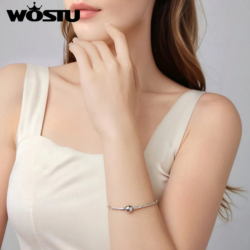 WOSTU Solid 925 Sterling Silver Twisted Snake Chain Bracelet for Women, Luxury Ball Clasp Adjustable Basic Bangle Wrist Jewelry