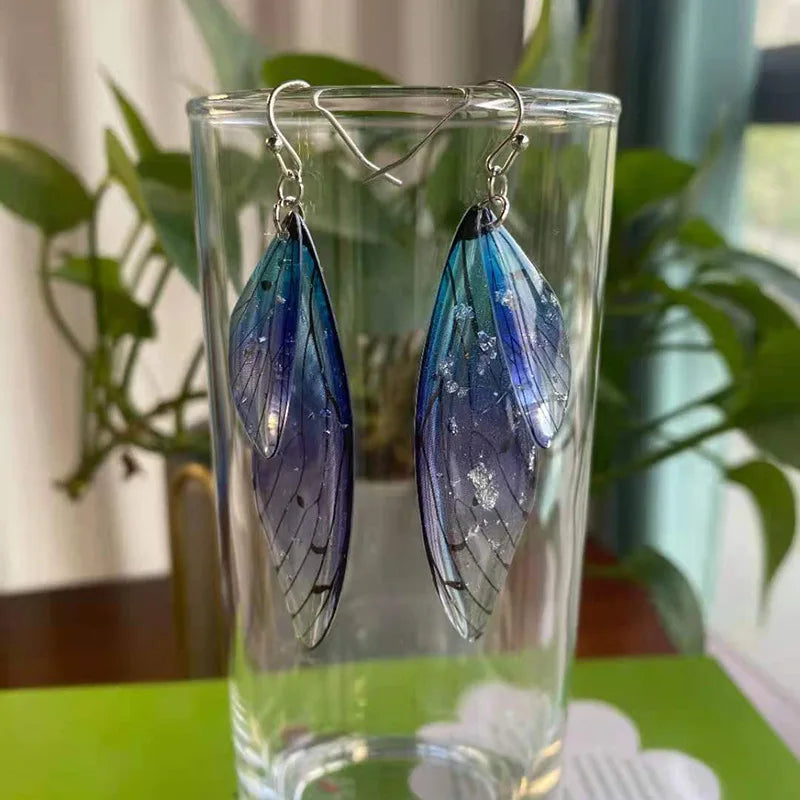 Minar Fairy Clear Gradient Resin Simulation Wings Butterfly Rhinestone Flake Long Dangle Earrings for Women Casual Party Jewelry