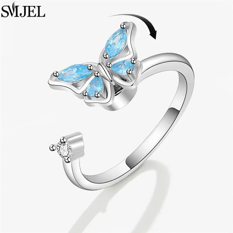 Korean Fashion Anxiety Fidget Spinner Rings for Women Crystal Rose Sunflower Butterfly Rotating Mood Ring Girls Wedding Jewelry