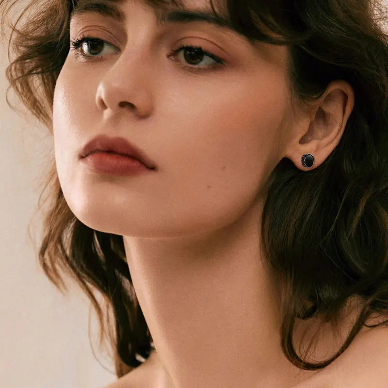 Nordic Viking Rune Personalized 8mm Natural Black Agate Ear Stud 925 Sterling Silver Men Women Hiphop Earrings Fashion Gift