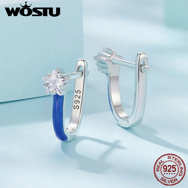 WOSTU 925 Sterling Silver Star Zircon Huggies Earrings For Women, Simple Blue Enamel process Ear Buckles Party Daily Wear Gift