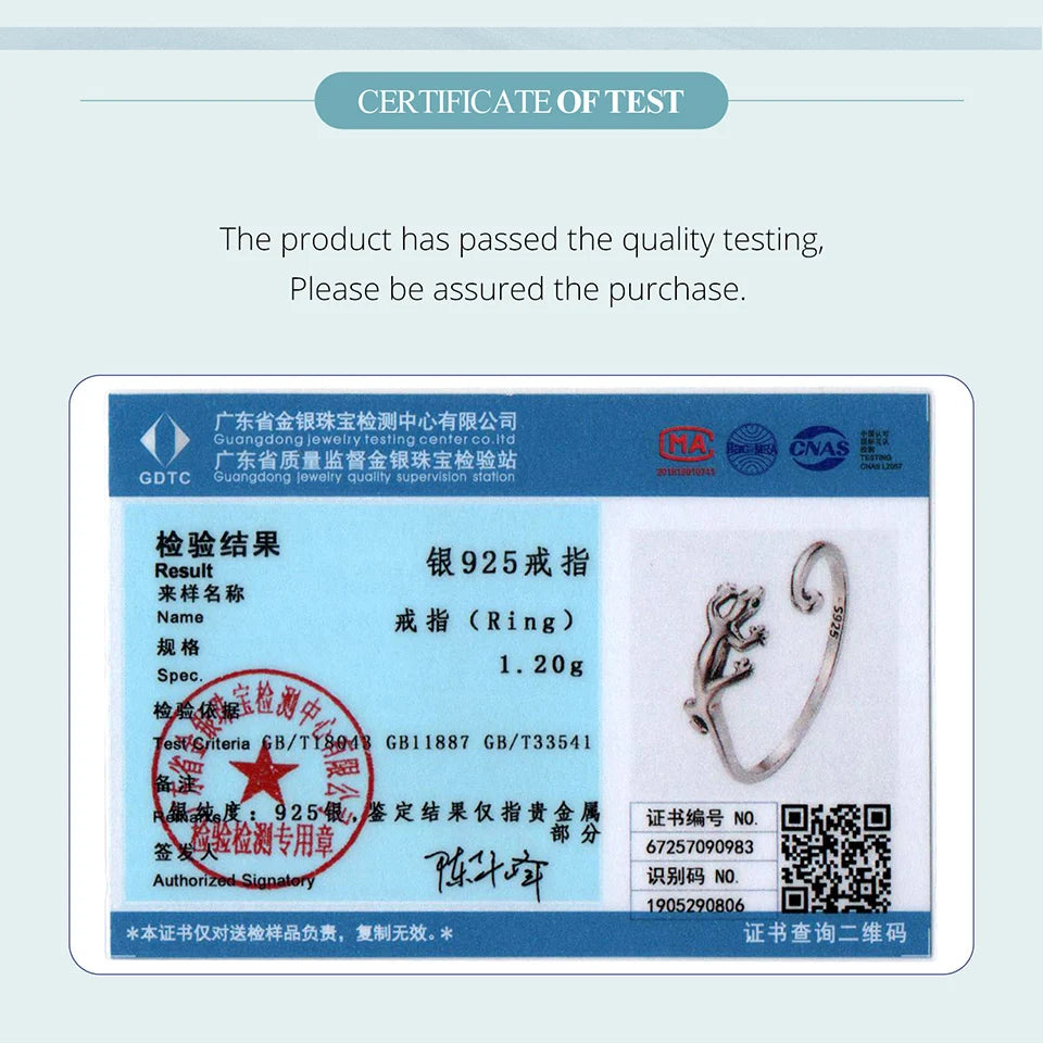 BAMOER 925 Sterling Silver Gecko Lizard Open Ring Lucky Animal Ring with Green Zircons for Lover Girl Simple Birthday Party Gift