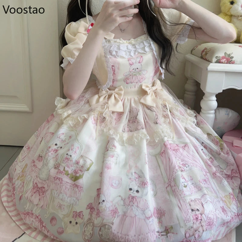 Kawaii Rabbit Bear Wardrobe Lolita Dress Women Cute Lace Mesh Ruffles Bunny Print Princess Dresses Girls Sweet Tea Party Dress