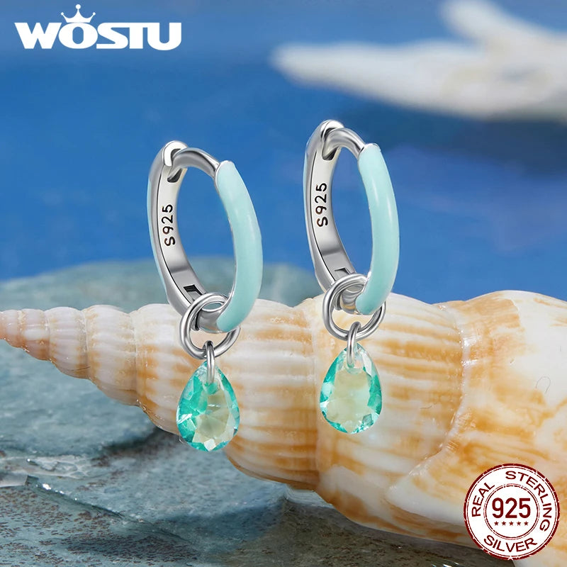 WOSTU 925 Sterling Silver Green Crystal Drop Dangle Earrings For Women Summer Jewelry Hoop Earrings Lady Holiday Pendientes Gift