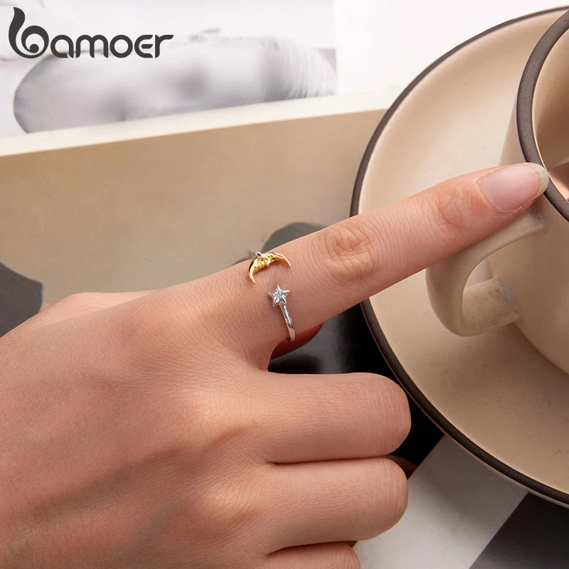 BAMOER Two-tones Moon&Star Open Ring 925 Sterling Silver Rings with Face Expression for Women Original Abstract Art Jewelry Gift