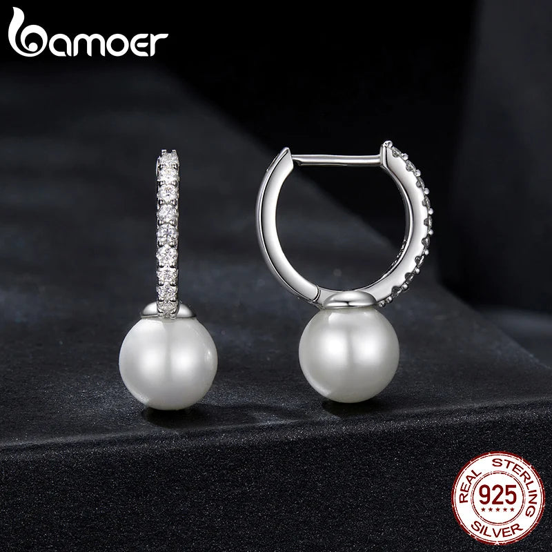BAMOER 925 Sterling Silver Moissanite Hoop Earrings with Pearl, White Gold Plated Minimalist Hoop Earrings Elegant Jewelry