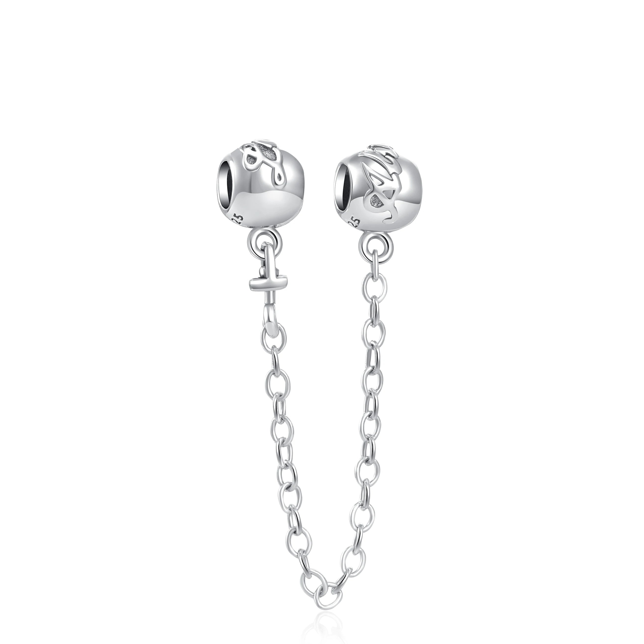 Silver 925 Sparkling Clear Sparkle Bow Stars Safety Chain Charm Bead Fit Original Pendant DIY Jewelry For Women