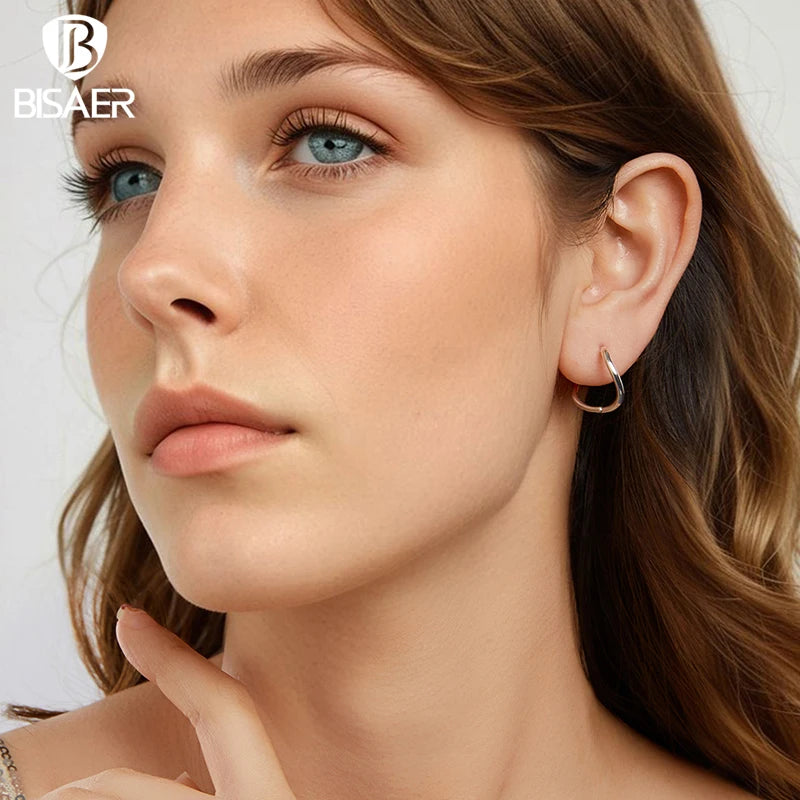 BISAER 925 Sterling Silver Minimalist Waves Hoop Earrings Simple Irregular Geometry Ear Hooks for OL Women Party Fine Jewelry