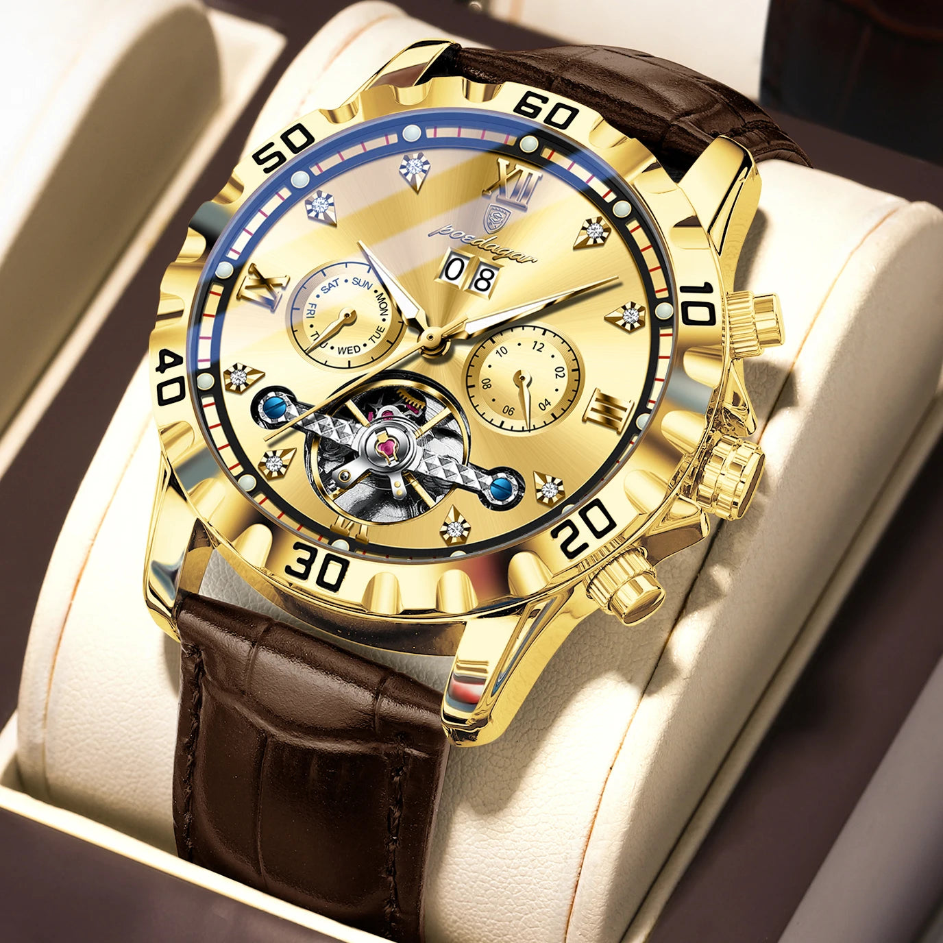 POEDAGAR Top Luxury Men's Watches Original Mechanical Leather Men Clock Date Week Hollow Tourbillon Automatic Man Watch Male+Box