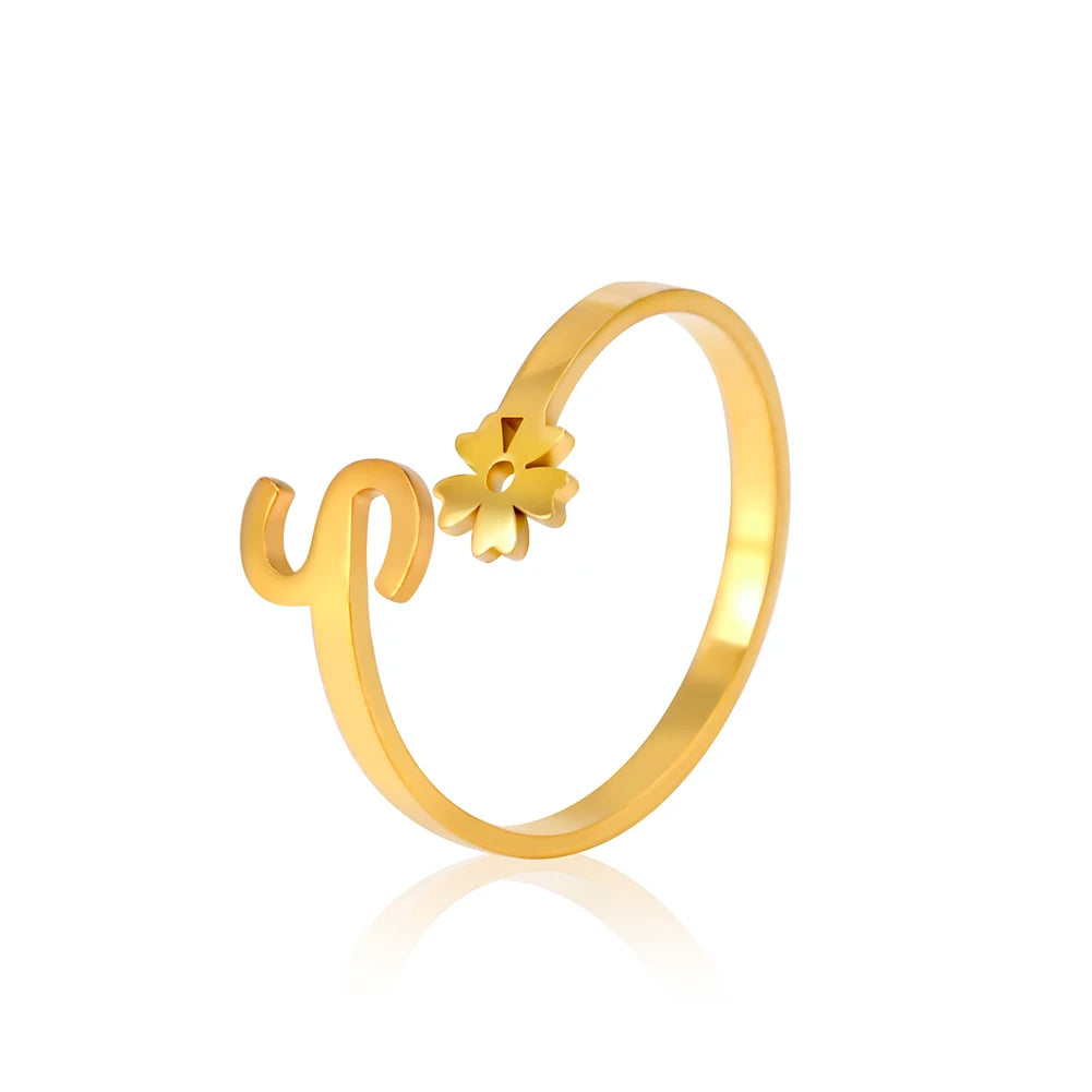 Stainless Steel Flower 26 Alphabet Open Ring for Women A-Z Initial Name Ring 2022 New Fashion Jewelry for Birthday Gift