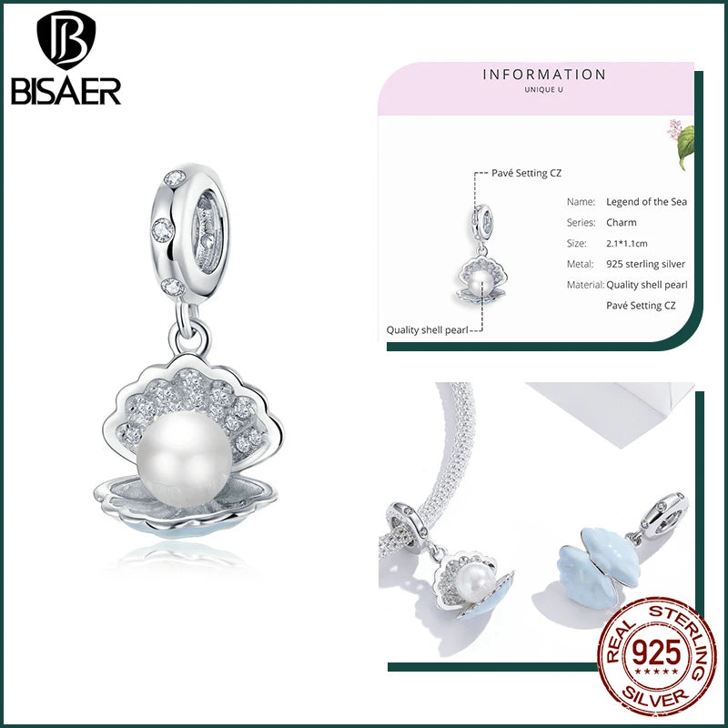 BISAER Real 925 Sterling Silver Bule Turtle Crab Charm Bead Sea Shells Pendant For Women DIY Bracelet & Necklace Holiday Gifts