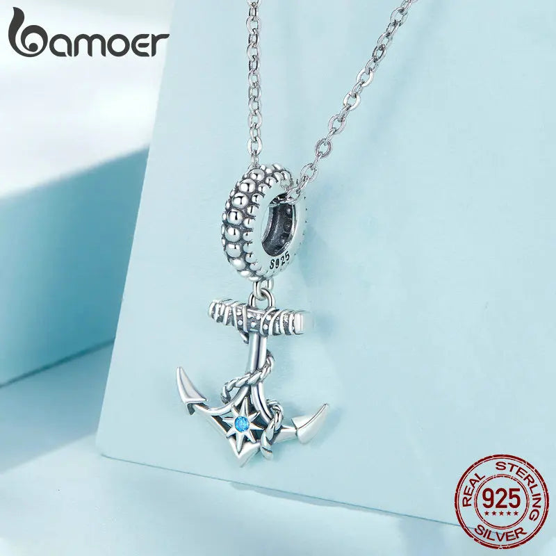 Sterling Silver Ship Anchor with Blue Zircon Star Pendant Charm - Madeinsea©
