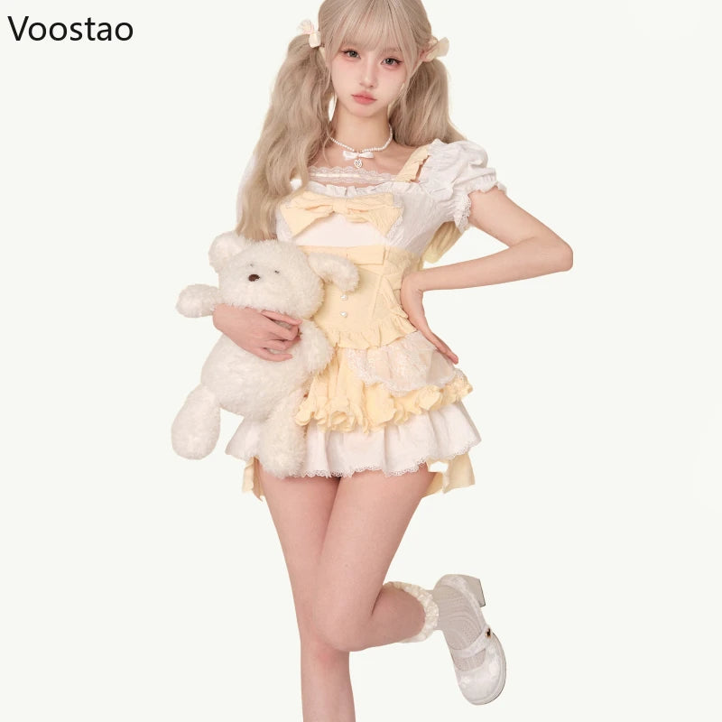 Sweet Lolita Style Skirt Set Women Kawaii Lace Ruffles Bow Slim Blouse Cute Mini Cake Skirts Suits Female Korean Y2k 2 Piece Set