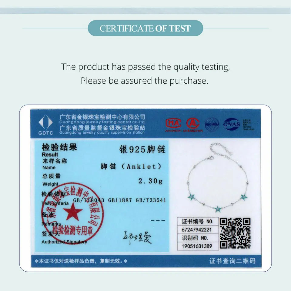 BAMOER 925 Sterling Silver Blue-green Seastar Charm Anklet Simple Chain Foot Jewelry for Women White Gold Plated Summer Jewelry