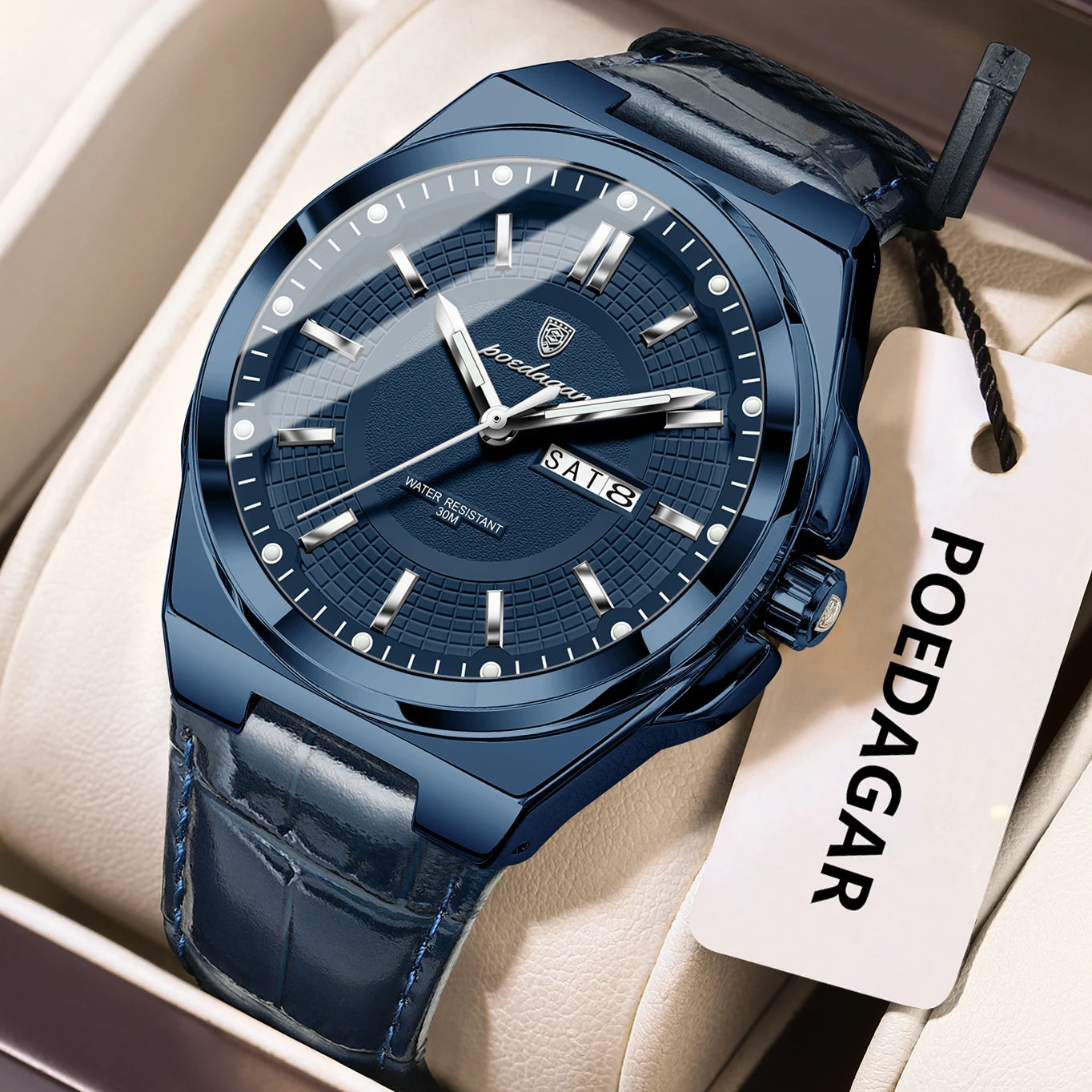 POEDAGAR Luxury Original Man Wristwatch Waterproof Luminous Date Week Quartz Men's Watches High Quality Casual Leather Men Watch