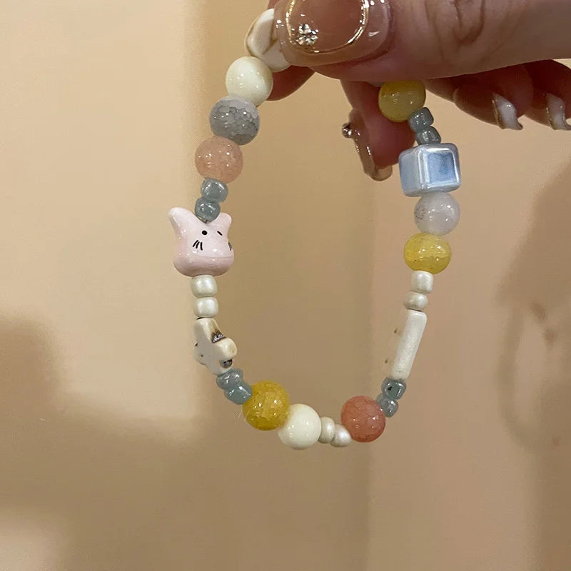 Handmade Ceramic Star Leaf Beaded Bracelet For Women Girls Cute Cartoon Animal Elephant Rabbit Beads Bangles Party Charm Jewelry