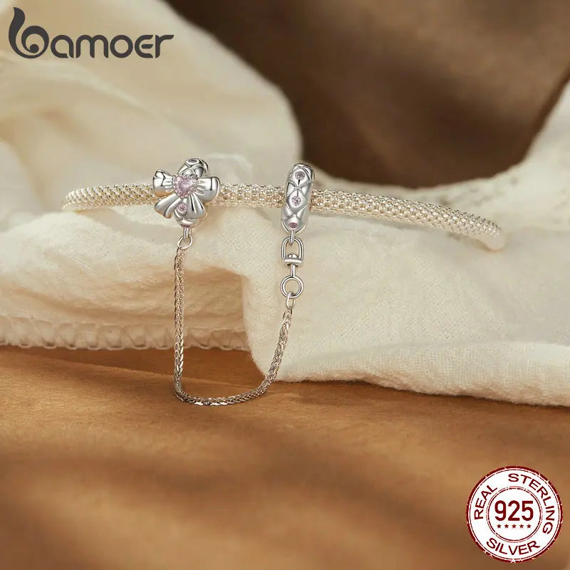 BAMOER Sicherheitskette mit Schleife aus massivem 925er Sterlingsilber mit Silikon passend für originale Armbänder, DIY-Bamoer-Anhänger zur Schmuckherstellung