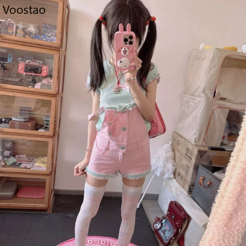 Japanese Kawaii Lolita Style Shorts T-Shirt Sets Women Sweet Cute Bow Cartoon Embroidery Tees Overalls Short Pants Y2k Outfits - Madeinsea©