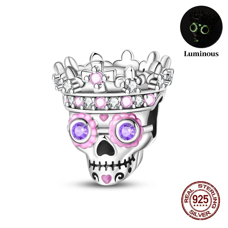 New 925 Sterling Silver Luminous Halloween Skull Witch Pumpkin Candy Charms Beads Fit 3mm Original Bracelets Party Jewelry