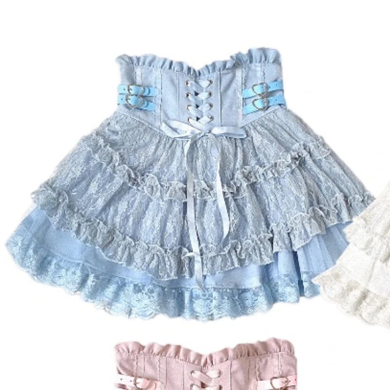 Japanese Sweet Lolita Style Mini Skirt Women Elegant Lace Bandage Party Cake Skirts Female Gothic Y2k Metal Buckle Short Skirt