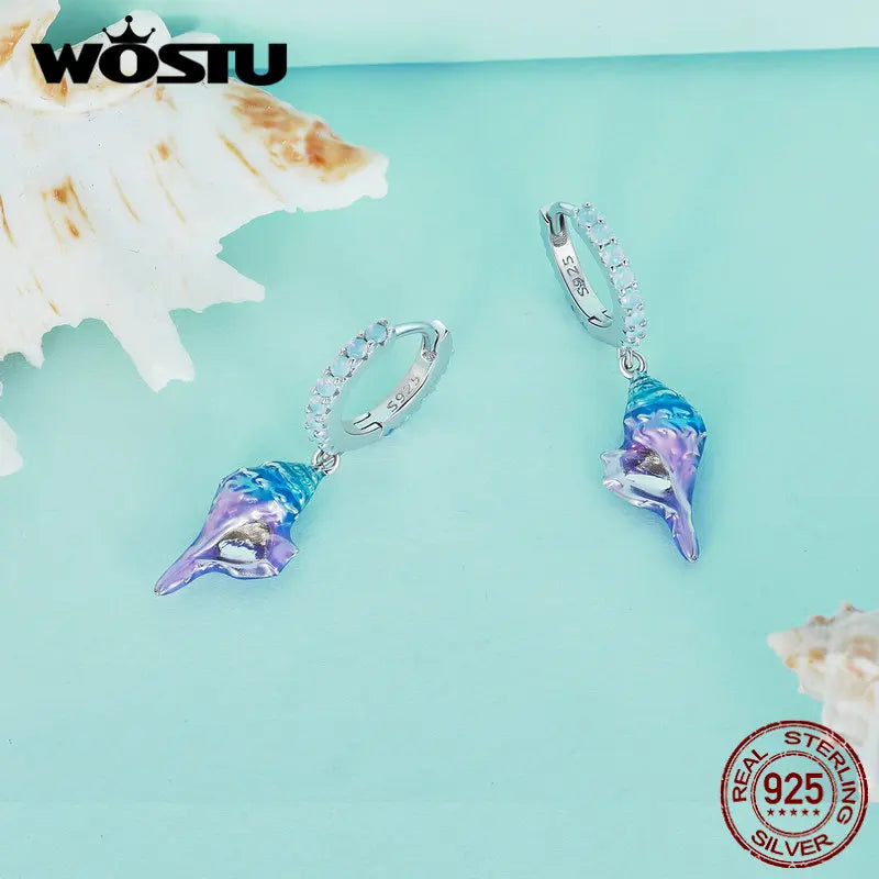 Genuine 925 Sterling Silver Dreamy Blue Conch Drop Dangle Earrings