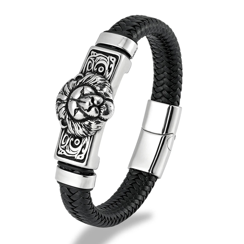 MKENDN Punk Lion Men Braided Genuine Black Leather Bracelet Stainless Steel Magnetic Buckle Bracelet Gifts Homme Pulseras