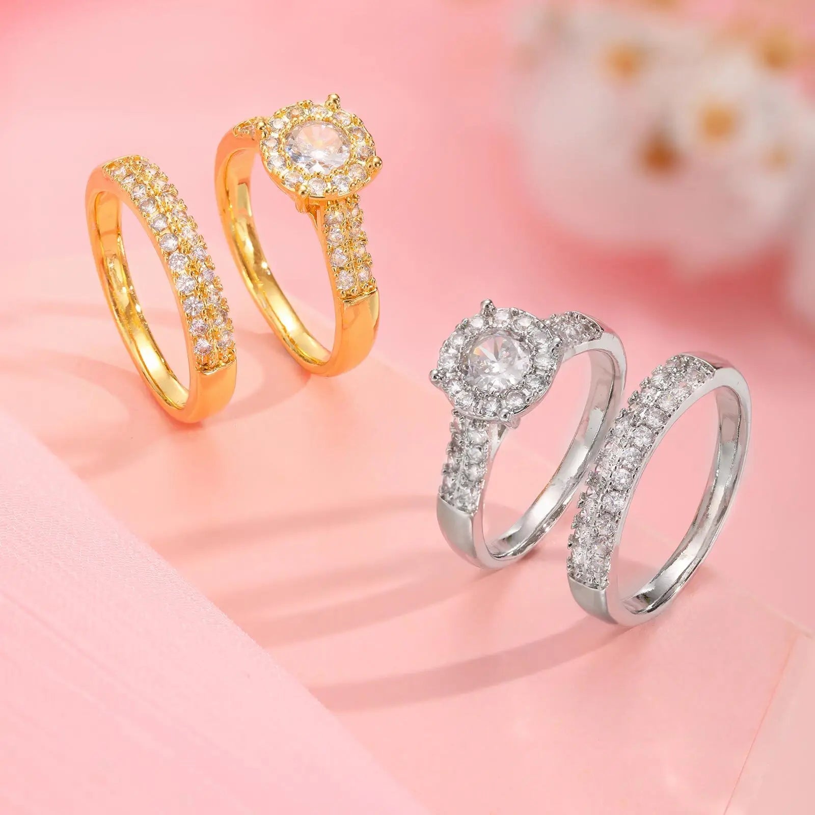 Vnox Lightweight Gold Silver Color 2 Piece Rings Set,Cubic Zirconia Inlaid Circle Rings For Women Girls,Female Jewelry Wedding