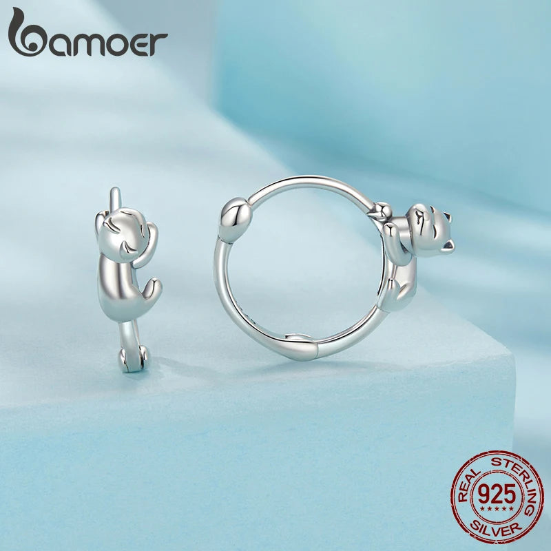 BAMOER 925 Sterling Silver Cute Cat Earrings, Small Animal Huggie Hoop Earrings Jewelry Gifts for women Teen Girls cat Lovers