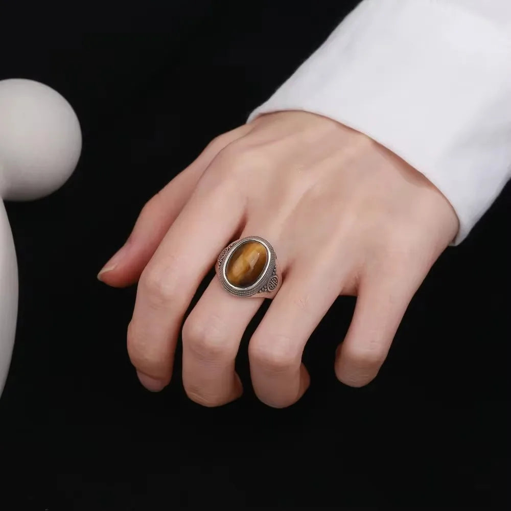 Vintage 925 Sterling Silver Ring Natural Moonstone Ring 10*14mm Oval Large Stone Retro Silver Fine Jewelry Gift For Women Men