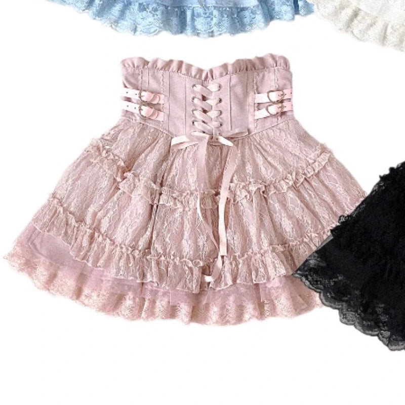 Japanese Sweet Lolita Style Mini Skirt Women Elegant Lace Bandage Party Cake Skirts Female Gothic Y2k Metal Buckle Short Skirt