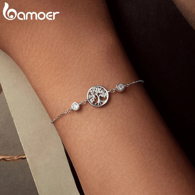 BAMOER Authentisches 925 Sterling Silber Lebensbaum-Armband für Frauen, zarter Schmuck, Familienbaum-Armband für Sie, SCB288