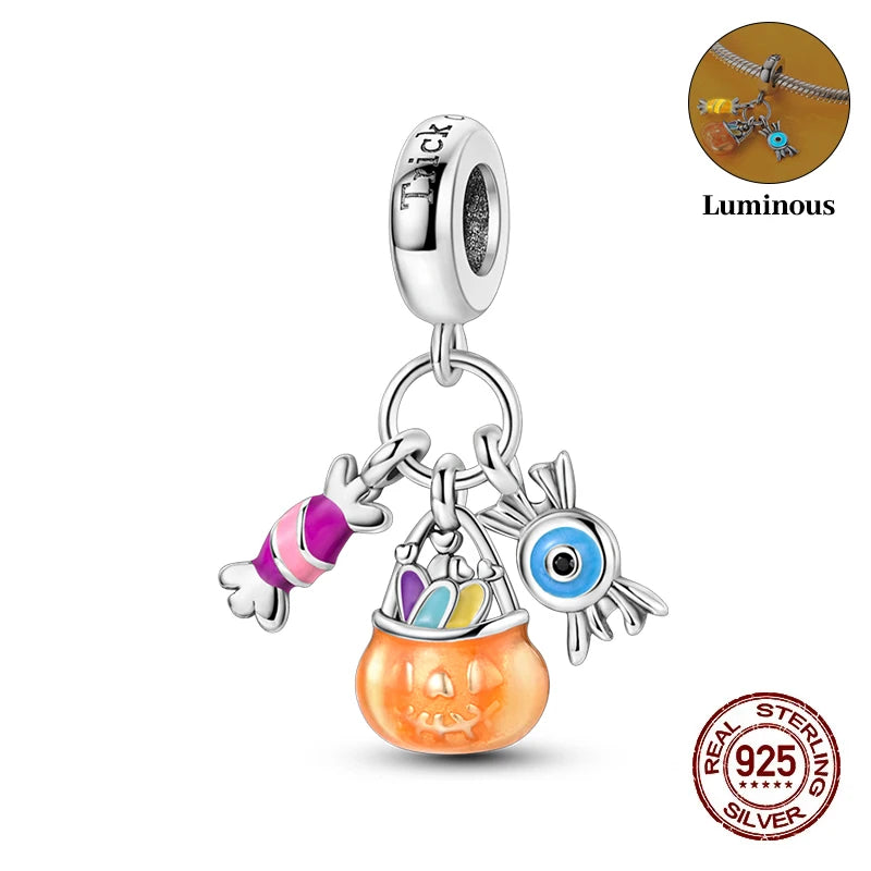 New 925 Sterling Silver Luminous Halloween Skull Witch Pumpkin Candy Charms Beads Fit 3mm Original Bracelets Party Jewelry