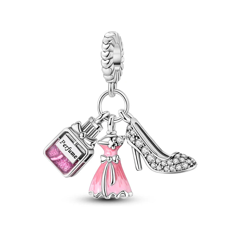 925 Silver Charms Beads Fit 3mm Original Bracelet Game Machine Box Afternoon Tea Dessert Romantic Pink Pendant DIY Jewelry