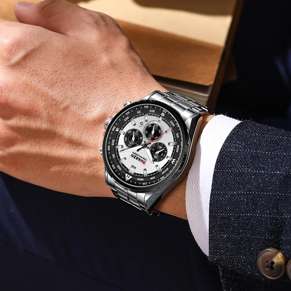 CURREN Luxury Brand Watches for Men Casual Sporty Quartz Wristwatch with 316 Stainless Steel Band Chronograph Clock Male Silver