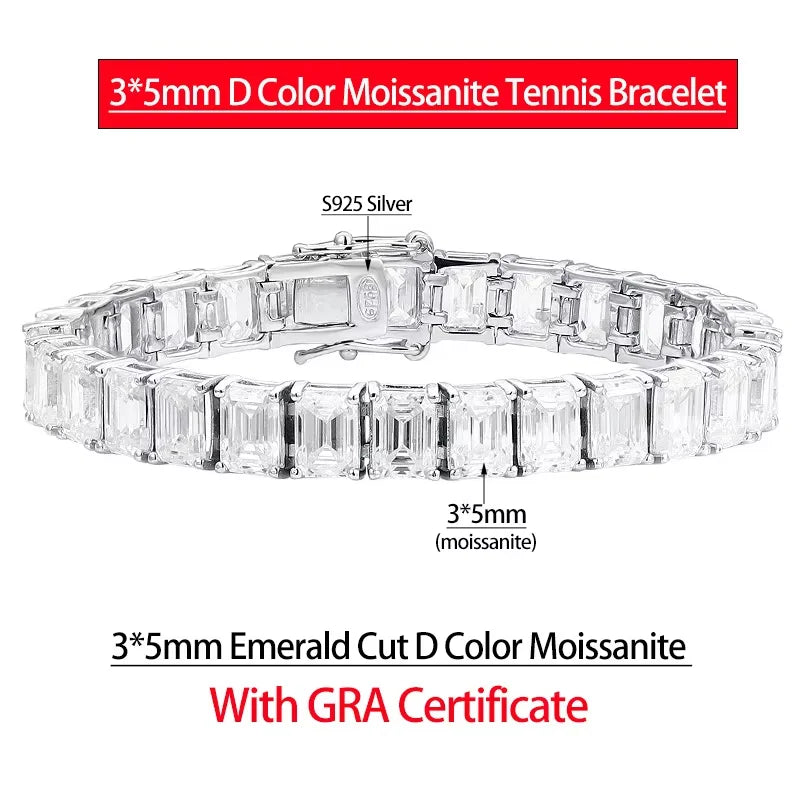Serenity 1ct Emerald Cut D Color Moissanite Tennis Bracelet for Women Men 100% 925 Sterling Silver Plated 18K Hand Chain Jewelry - Madeinsea©