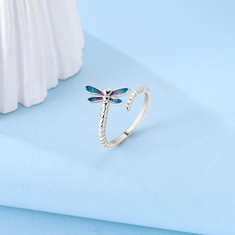 Rings For Women 100% 925 Sterling Silver Shiny Dragonfly Heart Shaped Hollow Open Rings Fine Wedding Engagement Jewelry Gift