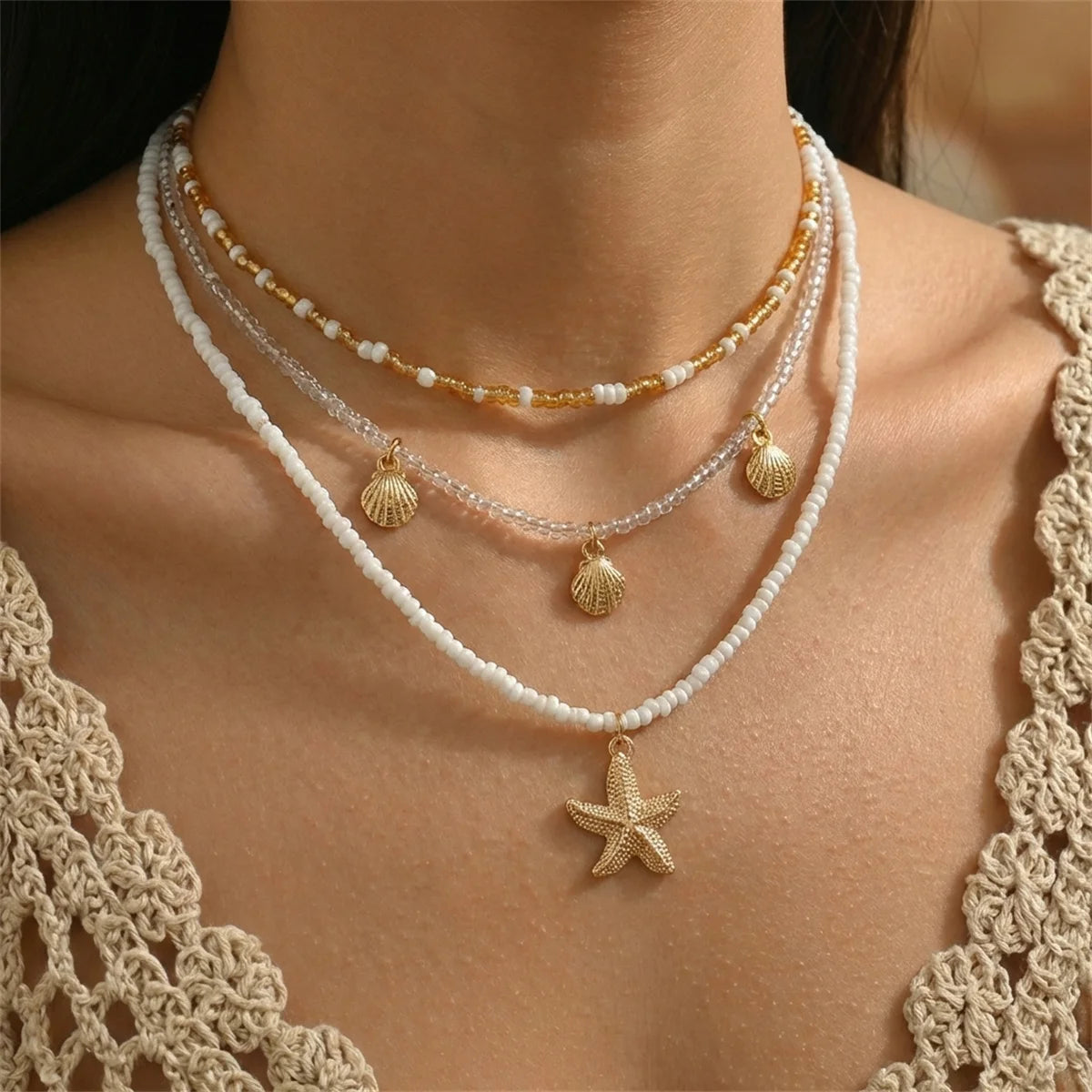 Bohemian Double Layer Seashell Necklaces For Women Handmade White Rice Beads Shell Short Collar Choker Beach Party Neck Jewelry