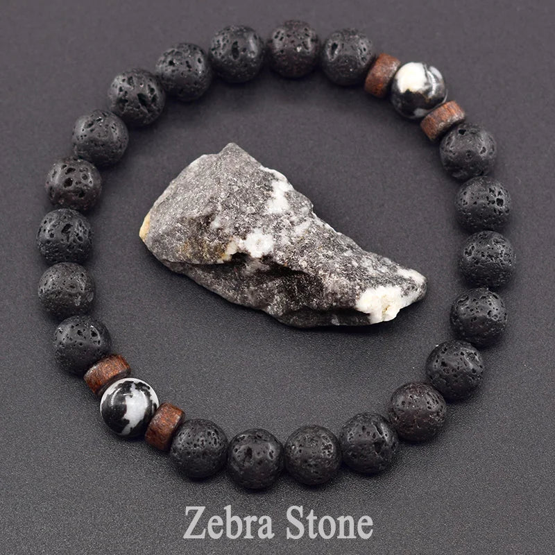 Natural Blue Sandstone Round Beads Bracelet Men Women Vintage Volcanic Stone Jewelry Relieve Anxiety Wristband Birthday Gift